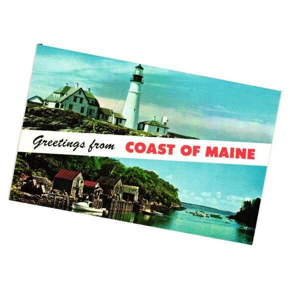 Greetings From Coast Maine Scenic Lighthouse & Village Postcard Vintage Unused - Picture 1 of 2